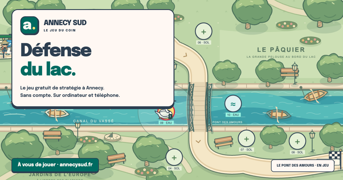 Le logo Annecy Sud et le titre Défense du lac sur la carte du Pont des Amours en jeu.